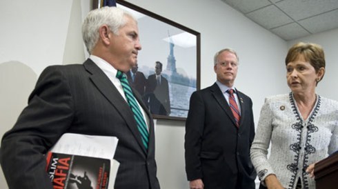Rep. John Shadegg, R-Ariz., Rep. Paul Broun, R-Ga., and Rep. Sue Myrick, R-N.C., hold a news conference on Wednesday, Oct. 14, 2009, to "make public a national security threat on Capitol Hill," relating to the Muslim group CAIR, which they claim has been planting interns in Congressional offices. (Newscom TagID: rollcallpix048422)     [Photo via Newscom]