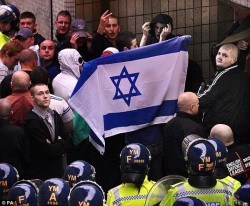 English Defense League Hooligans holding up Israeli Flag